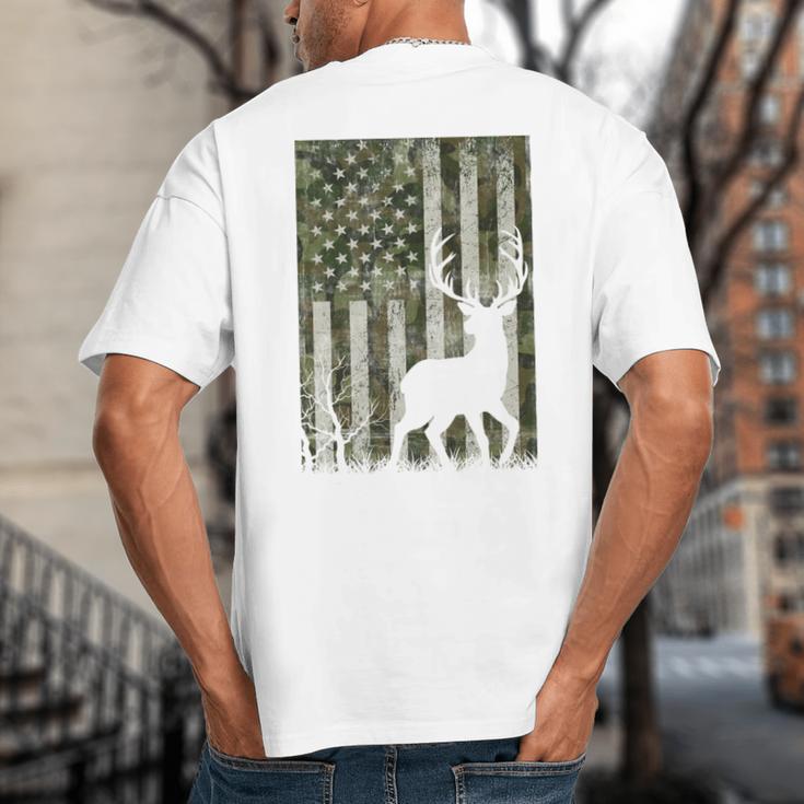 US Flag Deer Elk Buck Camoflage Hunting Hunter Dad Grandpa Big And Tall Men's T-Shirt Back Print