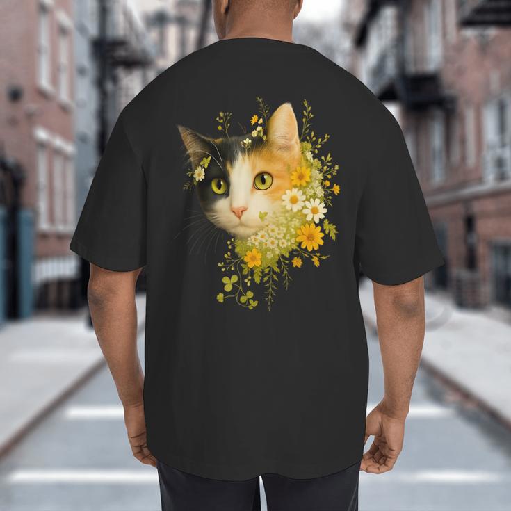 Calico Cat With Flowers For Mom Dad Women Men Kids Botanical Big And Tall Men's T-Shirt Back Print