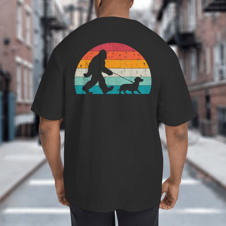 Retro Sasquatch Lover Doxie Wiener Dog Walker Bigfoot Walking a Dog Dachshund Weiner Dog Dad Weenie Small Big And Tall Men's T-Shirt Back Print
