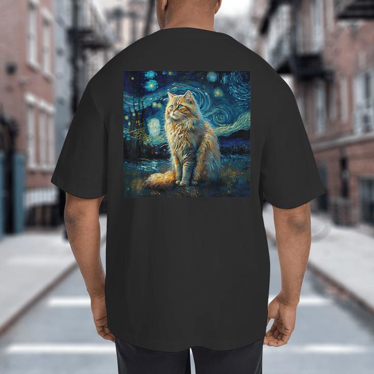Van Gogh Starry Night Cat For Cat Lover Cat Mom And Cat Dad Big And Tall Men's T-Shirt Back Print