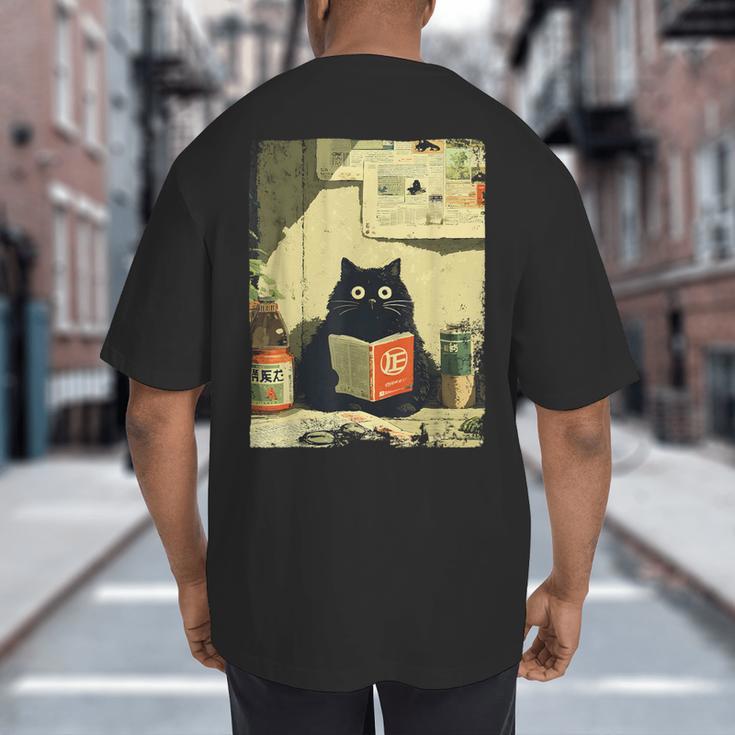Vintage Japanese Cat Book Lovers Librarian Cat Dad Teacher Big And Tall Men's T-Shirt Back Print