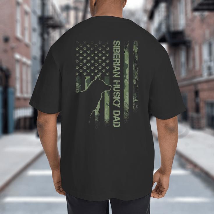 Vintage USA Camo Flag Proud Siberian Husky Dad Silhouette Big And Tall Men's T-Shirt Back Print