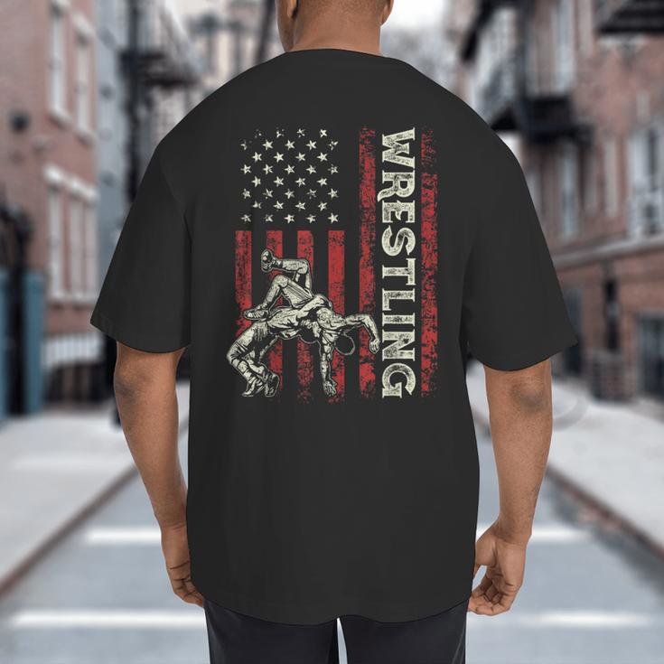 Wrestling US Flag Dad Wrestler Patriotic 4th Of July Big And Tall Men's T-Shirt Back Print