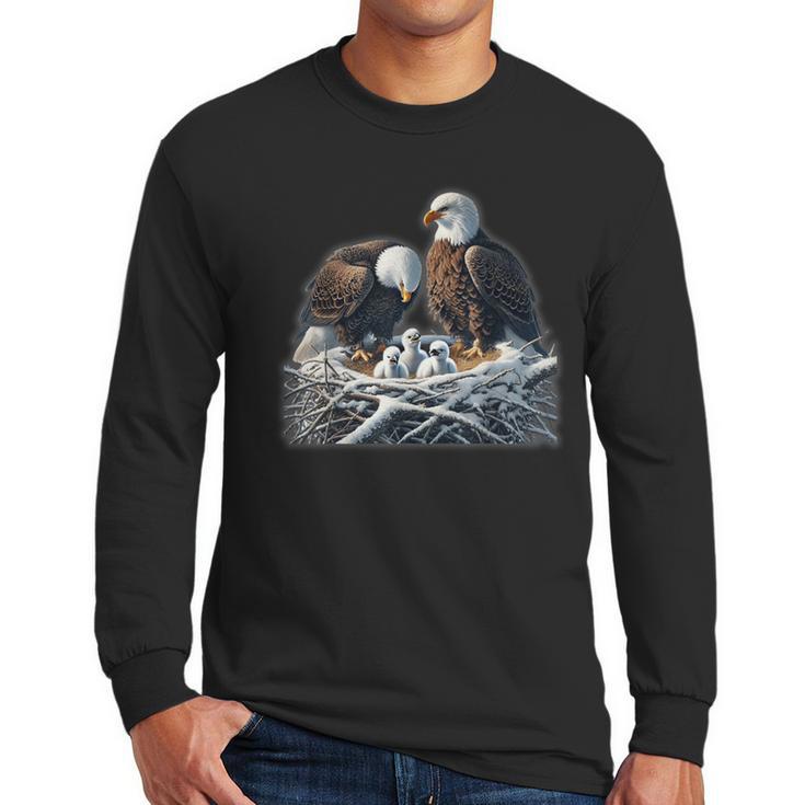 Bald Eagle Dad Mom Three Eaglet Chicks Babies In The Nest Men Long Sleeve T-Shirt