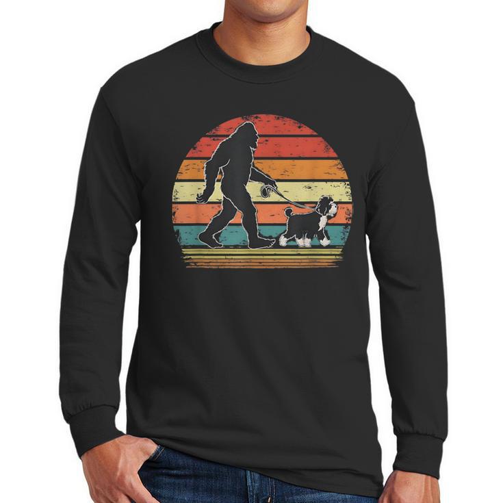 Bigfoot Walking a Dog Bernedoodle Dog Dad Men Long Sleeve T-Shirt