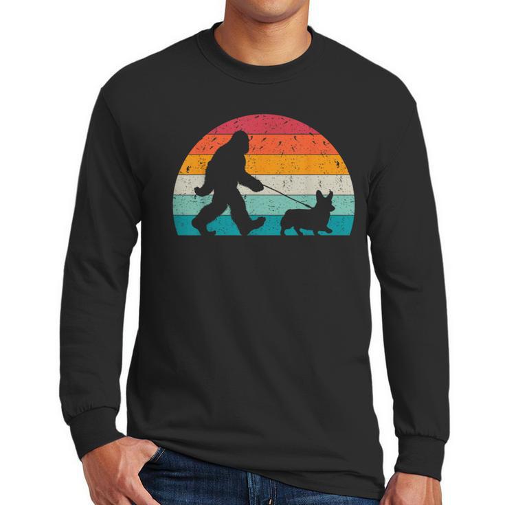 Bigfoot Walking a Dog Corgi Lovers Dog Dad Men Long Sleeve T-Shirt