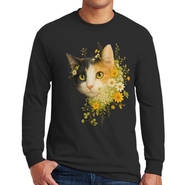 Calico Cat With Flowers For Mom Dad Women Men Kids Botanical Men Long Sleeve T-Shirt