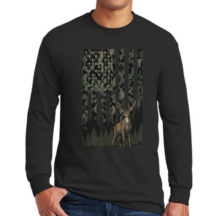 Camo Deer American Flag Graphic Hunting Men Dad Boys Men Long Sleeve T-Shirt