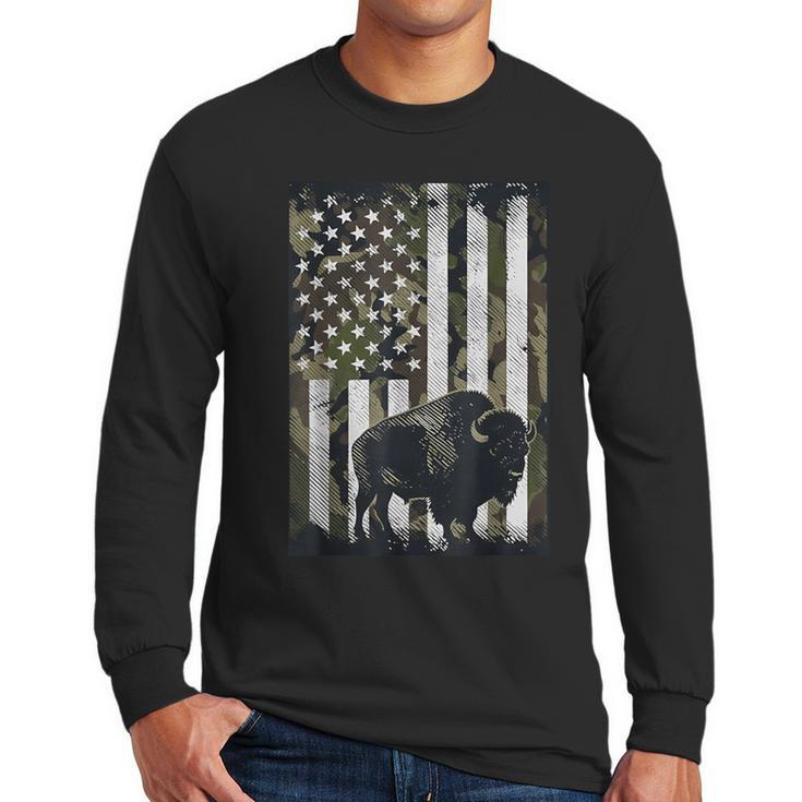 Camo USA Flag Bison Camouflage Hunting Wildlife Hunter Dad Men Long Sleeve T-Shirt