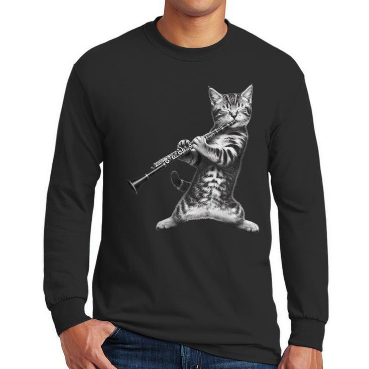 Cat Playing The Clarinet For Cat Lover Cat Mom Cat Dad Men Long Sleeve T-Shirt