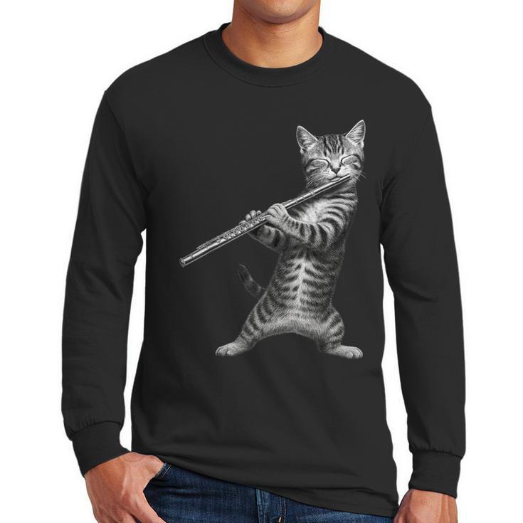 Cat Playing Flute For Cat Lover Cat Mom Cat Dad Men Long Sleeve T-Shirt