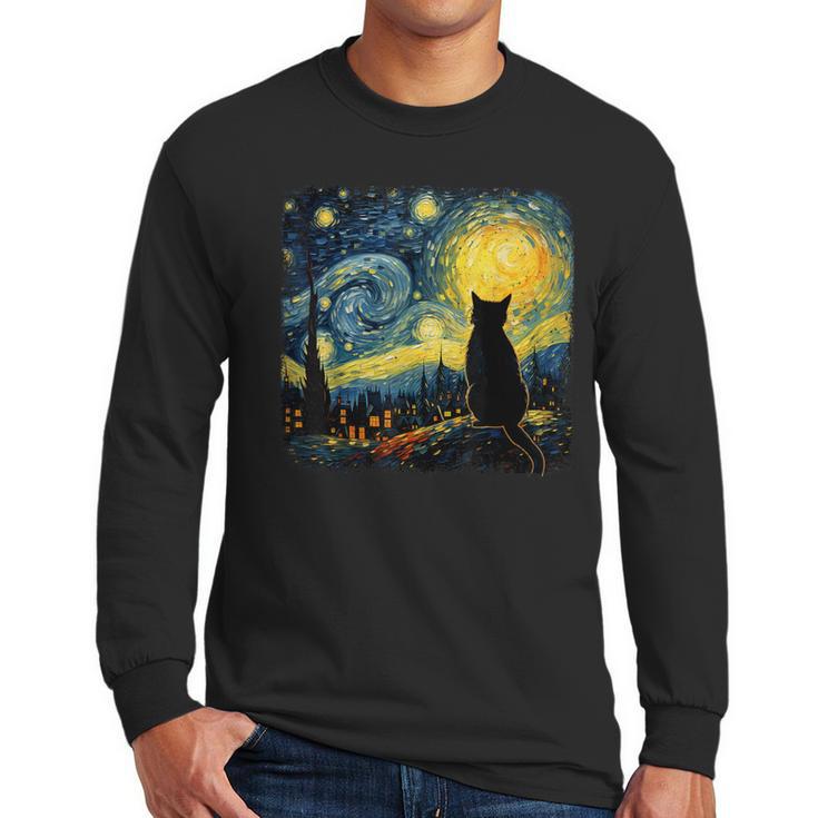 Cat Starry Night Van Gogh Cat For Cat Lover Cat Mom Cat Dad Men Long Sleeve T-Shirt