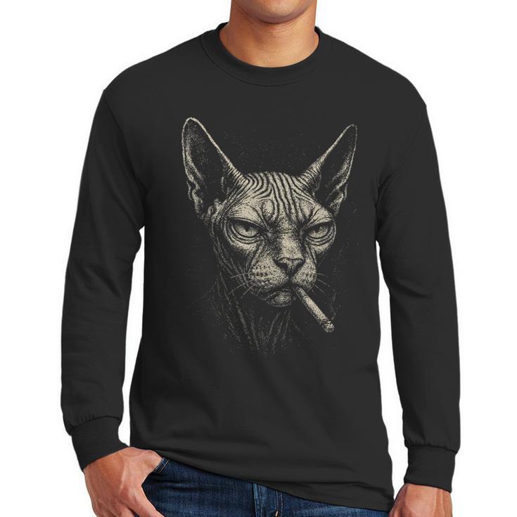 Cigarette Smoking Sphynx Cat Meme Stupid For Dad Men Long Sleeve T-Shirt