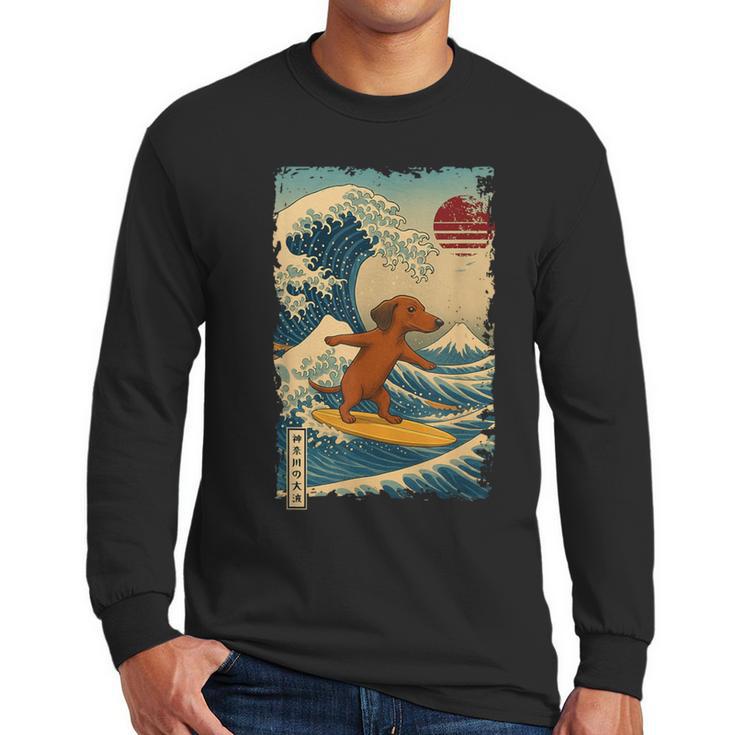 Dachshund Doxie Japanese Kanagawa Wave Surfing Japan Mom Dad Men Long Sleeve T-Shirt