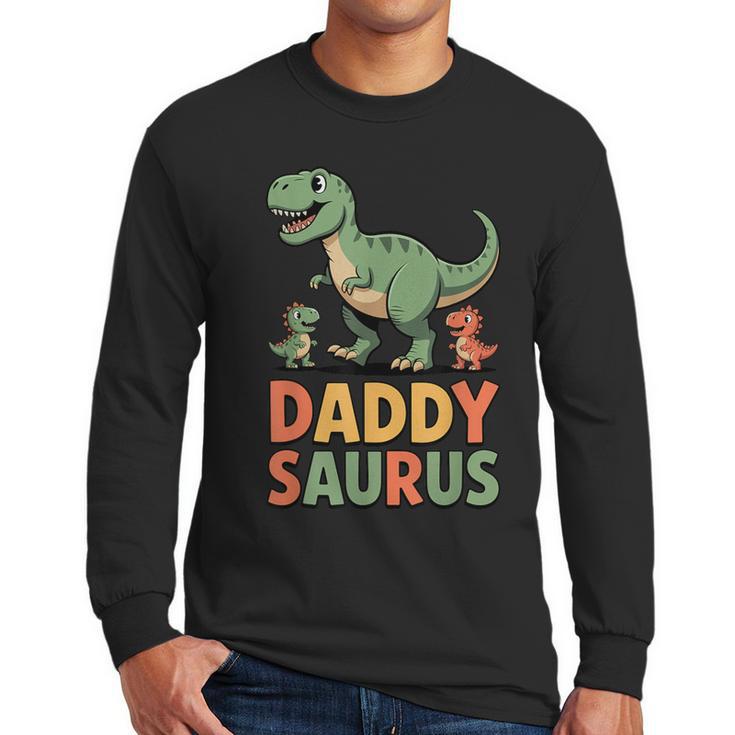 Daddy Saurus Dinosaur Dad Of Two Kids Dino Family Men Long Sleeve T-Shirt