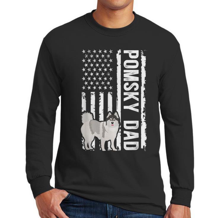 Pomsky Dad American Flag Pomsky Owner Pomsky Lover Men Long Sleeve T-Shirt