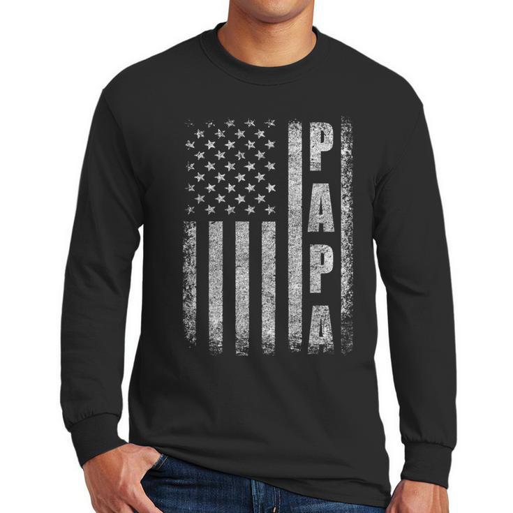 Proud Papa Fathers Day 2025 Dad America USA Flag Men Long Sleeve T-Shirt