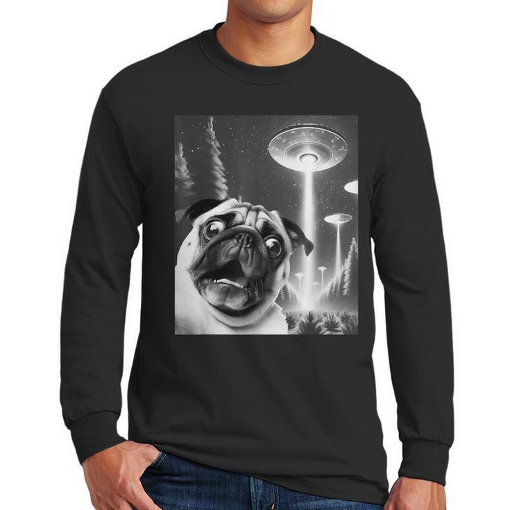 Pug Alien UFO Taking a Selfie Dog Mom Dad Men Long Sleeve T-Shirt