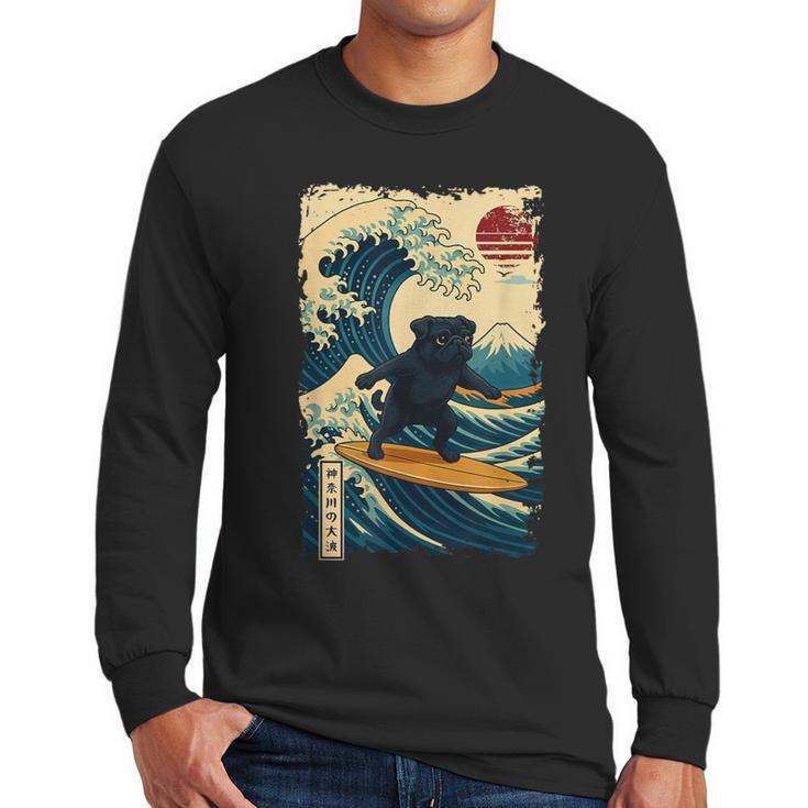 Pug Japanese Kanagawa Wave Surfing Japan Mom Dad Kids Men Long Sleeve T-Shirt