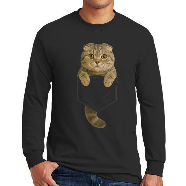 Scottish Fold Cat Pocket Cat Mom Cat Dad Cat Lover Men Long Sleeve T-Shirt