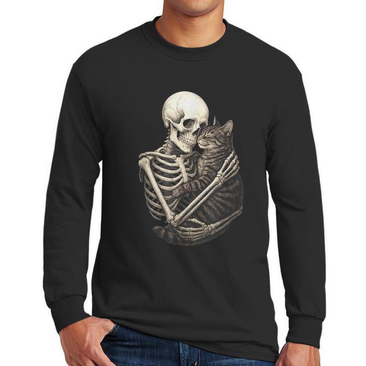 Skeleton Hugging Cat Halloween Cat Lover Cat Mom Dad Men Long Sleeve T-Shirt
