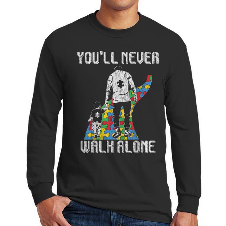 Vintage Father Son Family Autistic Kids Autism Awareness Dad Men Long Sleeve T-Shirt