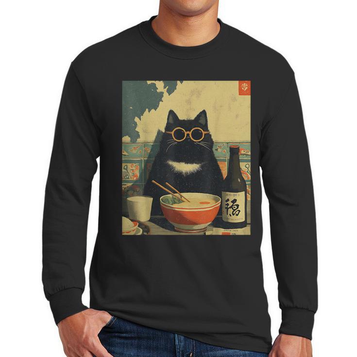 Vintage Japanese Cat Ramen Cat Dad Retro Graphic Women Men Long Sleeve T-Shirt