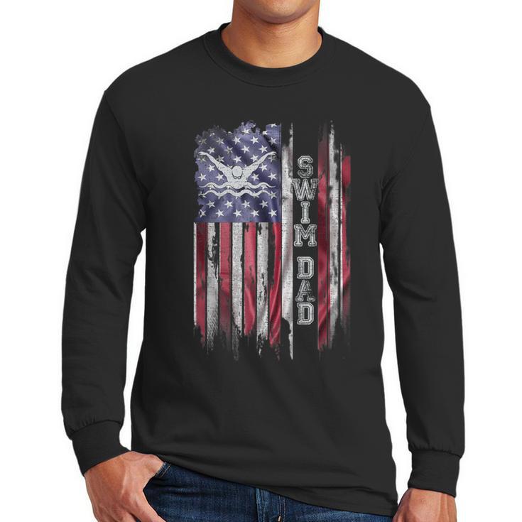 Vintage USA Flag Proud Swimming Dad Swim Swimmer Silhouette Men Long Sleeve T-Shirt