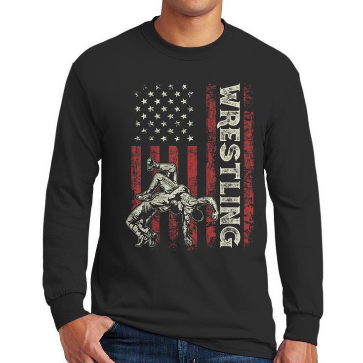 Wrestling US Flag Dad Wrestler Patriotic 4th Of July Men Long Sleeve T-Shirt