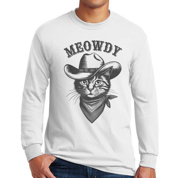 Meowdy Cat Cowboy Western Graphic Cat Lady Cat Dad Men Long Sleeve T-Shirt