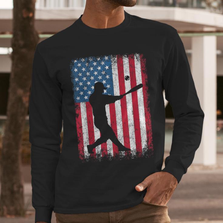 American Flag Vintage Baseball Flag Dad Mom Tee T-Shirt Men Long Sleeve T-Shirt