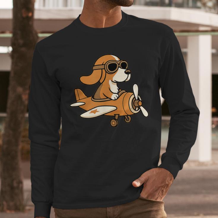 Beagle Flying a Plane Pilot Airplane Dog Mom Dad Men Long Sleeve T-Shirt