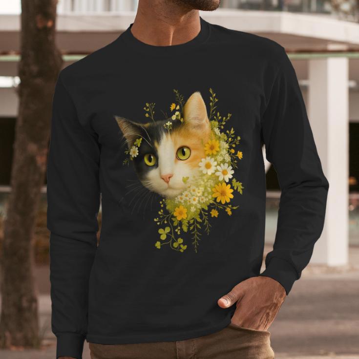 Calico Cat With Flowers For Mom Dad Women Men Kids Botanical Men Long Sleeve T-Shirt