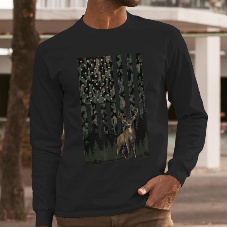 Camo Deer American Flag Graphic Hunting Men Dad Boys Men Long Sleeve T-Shirt