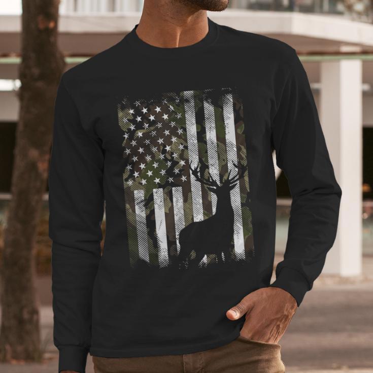Camo US Flag Deer Elk Buck Camoflage Hunting Hunter Dad Short Sleeve Men Long Sleeve T-Shirt