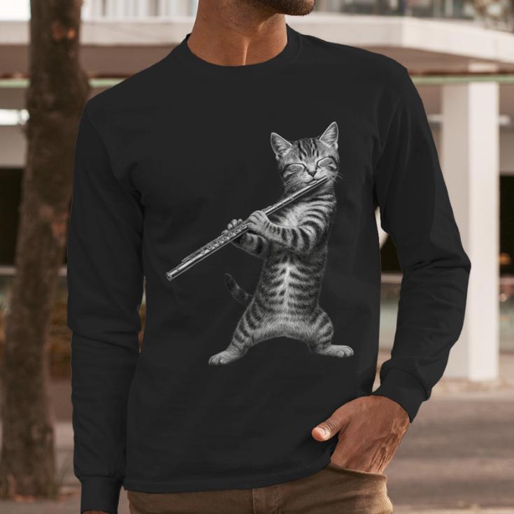 Cat Playing Flute For Cat Lover Cat Mom Cat Dad Men Long Sleeve T-Shirt