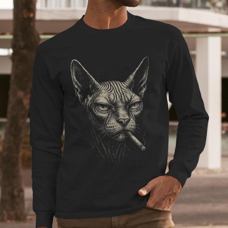 Cigarette Smoking Sphynx Cat Meme Stupid For Dad Men Long Sleeve T-Shirt