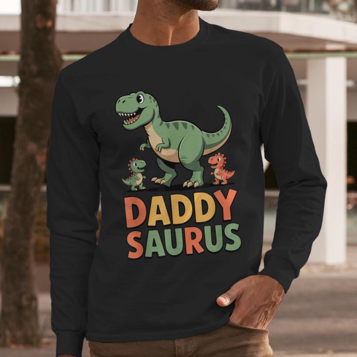 Daddy Saurus Dinosaur Dad Of Two Kids Dino Family Men Long Sleeve T-Shirt