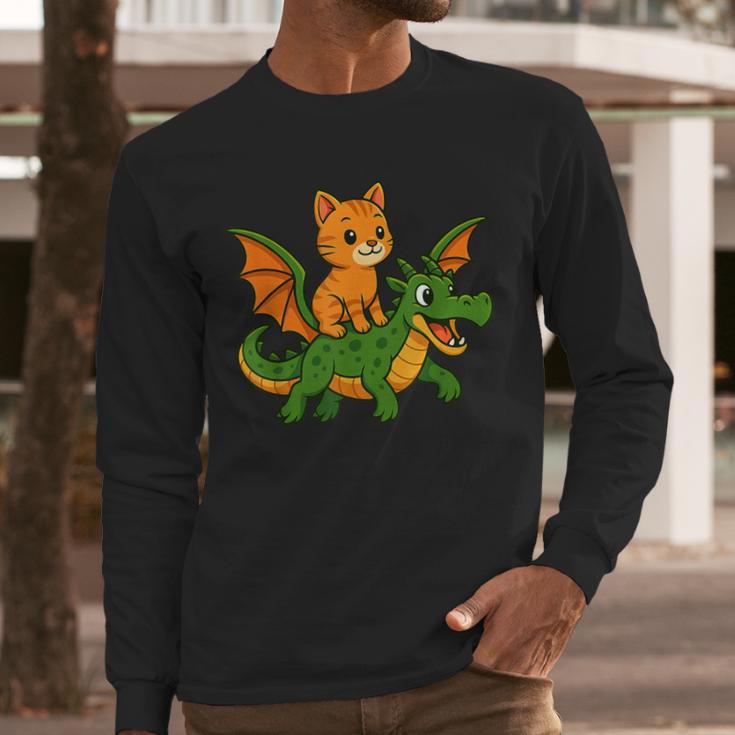 Orange Cat Dragon Riding Animal Lover Mom Dad Kids Men Long Sleeve T-Shirt