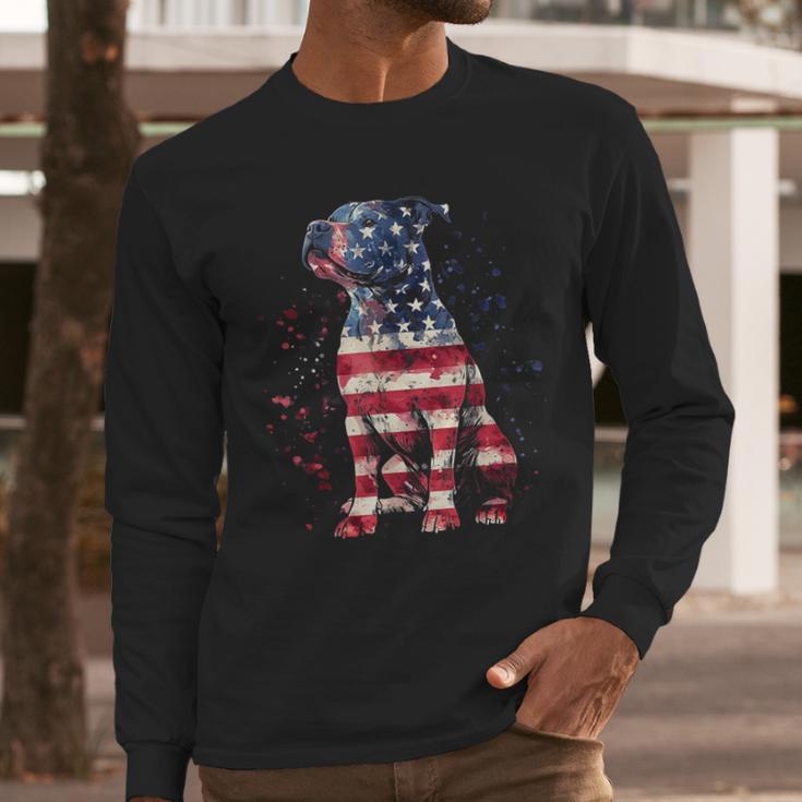 Patriotic Pitbull American Flag 4th Of July Dog Pitbull Dad Men Long Sleeve T-Shirt