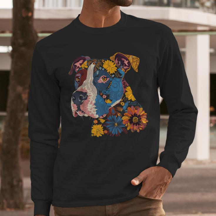 Pitbull Floral Dog Lover Vintage Flower Art Pitbull Mom Dad Men Long Sleeve T-Shirt