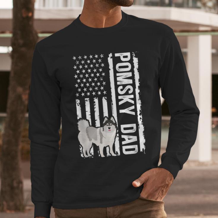 Pomsky Dad American Flag Pomsky Owner Pomsky Lover Men Long Sleeve T-Shirt