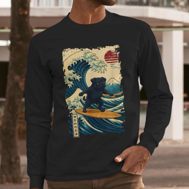 Pug Japanese Kanagawa Wave Surfing Japan Mom Dad Kids Men Long Sleeve T-Shirt