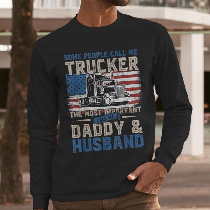Semi Truck Driver Trucker Daddy Husband US American Flag Men Long Sleeve T-Shirt