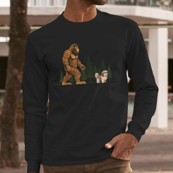 Shih Tzu Bigfoot Dog Walking Mom Dad Kids Men Long Sleeve T-Shirt