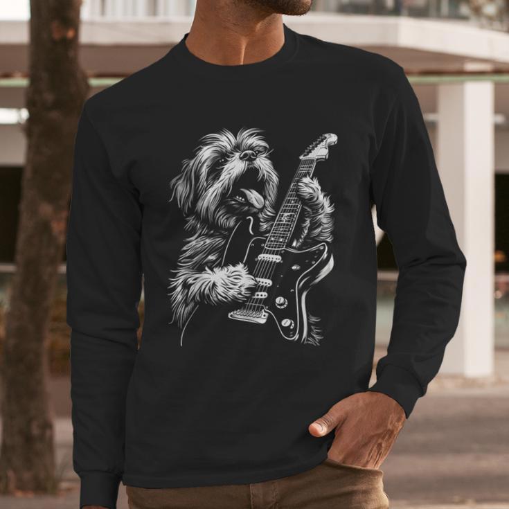 Shih Tzu Dog Playing Electric Guitar Rock Dog Dad Men Women Kids Men Long Sleeve T-Shirt