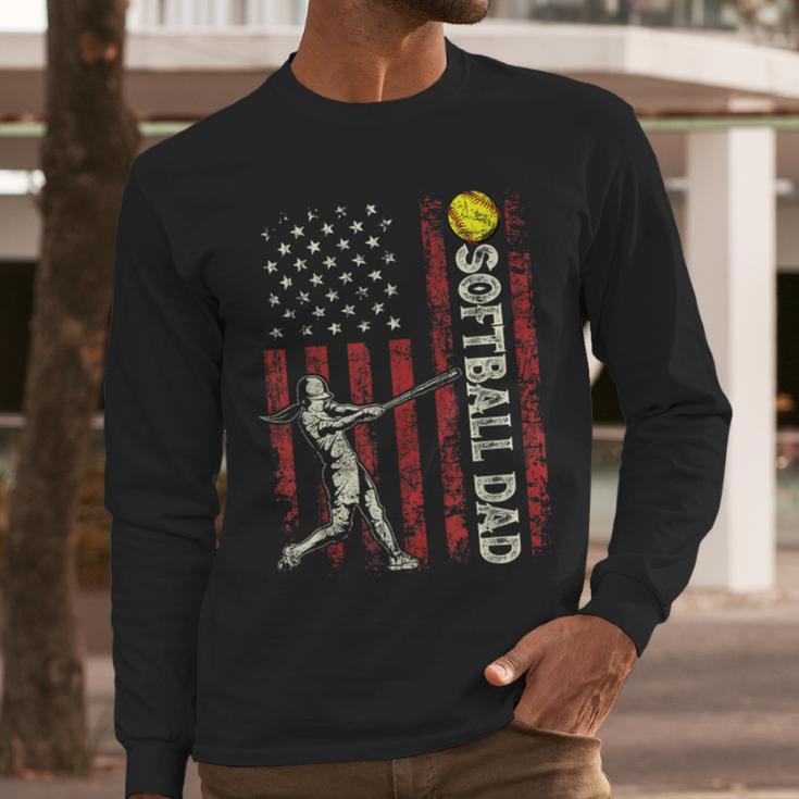 Softball Dad US Flag For Dad Men Patriotic Fathers Day Men Long Sleeve T-Shirt