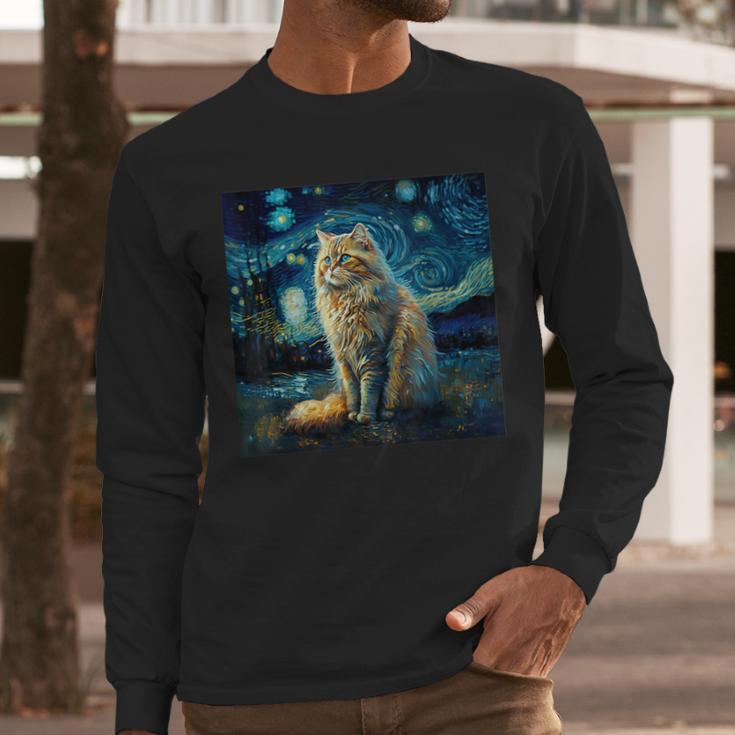 Van Gogh Starry Night Cat For Cat Lover Cat Mom And Cat Dad Men Long Sleeve T-Shirt