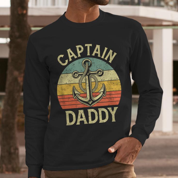 Vintage Captain Daddy Boat Pontoon Dad Fishing Sailor Anchor Men Long Sleeve T-Shirt