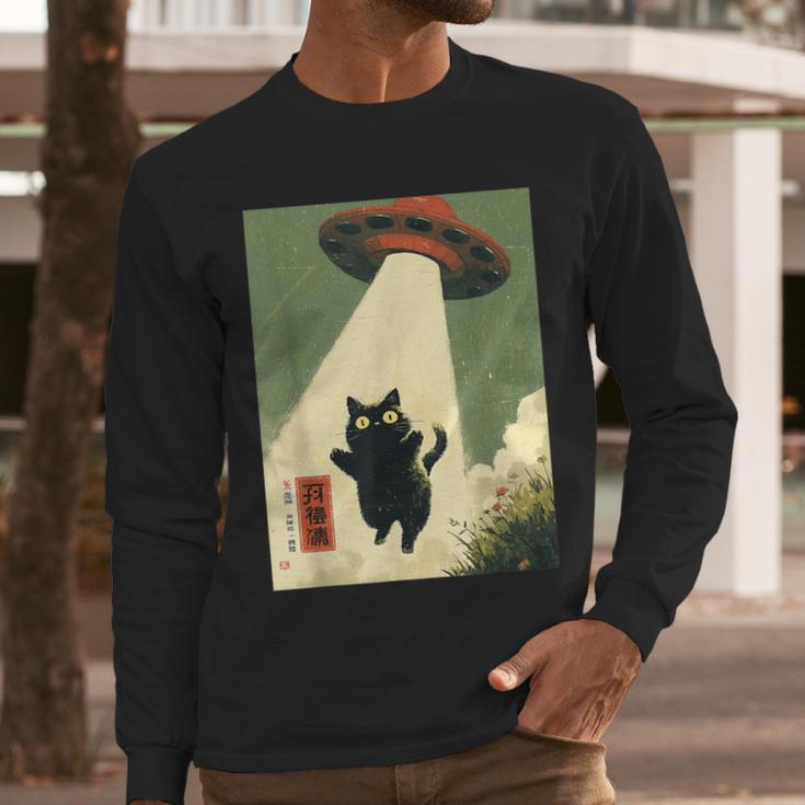 Vintage Japanese Cat Alien Cat Dad UFO Abduction Graphic Tee Men Long Sleeve T-Shirt